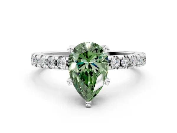 Fancy Green Pear Cut Diamond Solitaire Ring with Round Pavé Band and Four-Prong Setting Platinum