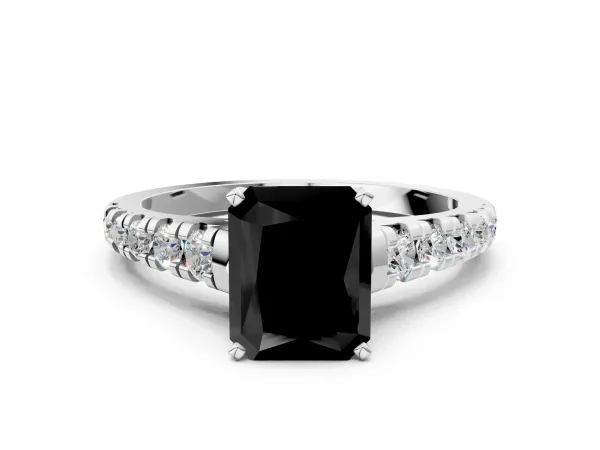 Fancy Black Radiant Cut Diamond Cathedral Solitaire Ring with Round Pavé Band Platinum
