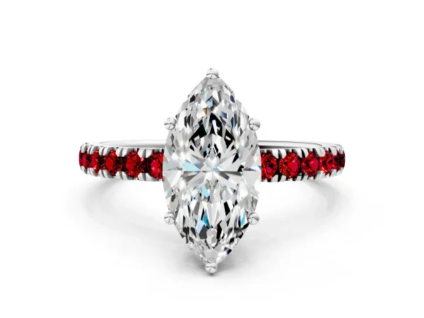 Marquise Cut Diamond Pave Band Solitaire Ring with Round Ruby and Prong Setting Platinum