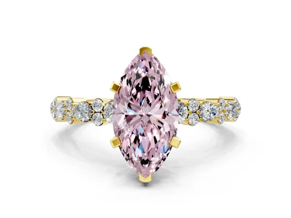 Fancy Pink Marquise Cut Diamond Side Stone Solitaire Ring with Round and Four-Prong Setting Yellow gold
