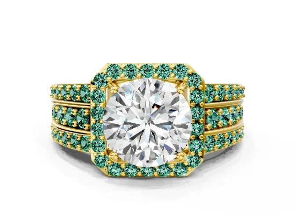 Round Cut Halo Diamond Ring with Round Green Sapphire Split Shank and Prong Setting Yellow gold