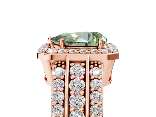 Fancy Green Pear Cut Halo Diamond Ring with Round Split Shank and Prong Setting Rose gold