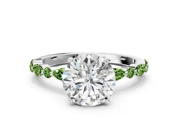 Round Cut Diamond Ring with Marquise and Round Peridot Side Stones and Four-Prong Setting White gold