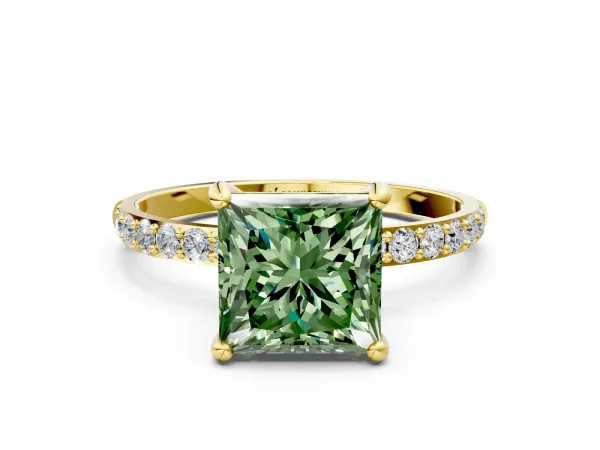 Fancy Green Princess Cut Diamond Solitaire Ring with Round Pavé Band and Prong Setting Yellow gold