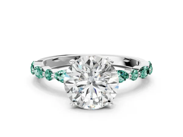 Round Cut Diamond Ring with Marquise and Round Green Sapphire Side Stones and Four-Prong Setting White gold