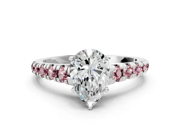 Pear Cut Diamond Cathedral Solitaire Ring with Round Morganite Pavé Band White gold