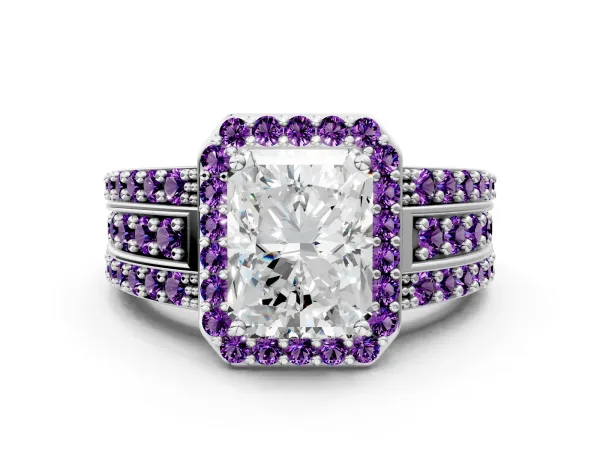 Radiant Cut Halo Diamond Ring with Round Amethyst Split Shank and Prong Setting Platinum