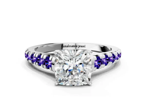 Cushion Cut Diamond Cathedral Solitaire Ring with Round Tanzanite Pavé Band Platinum