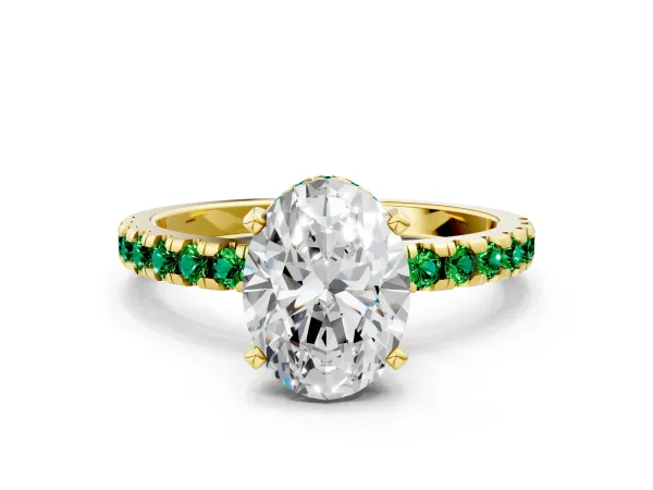 Oval Cut Diamond Solitaire Ring with Round Emerald Pavé Band and Four-Prong Setting Yellow gold