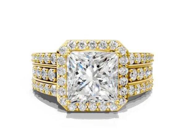 Princess Cut Halo Diamond Ring with Round Moissanite Split Shank and Prong Setting Yellow gold