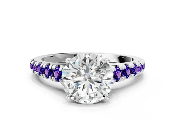Round Cut Diamond Cathedral Solitaire Ring with Round Tanzanite Pavé Band White gold