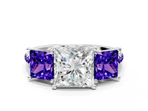 Three-Stone Princess Cut Diamond Ring with Round Tanzanite Pavé Band and Prong Setting White gold