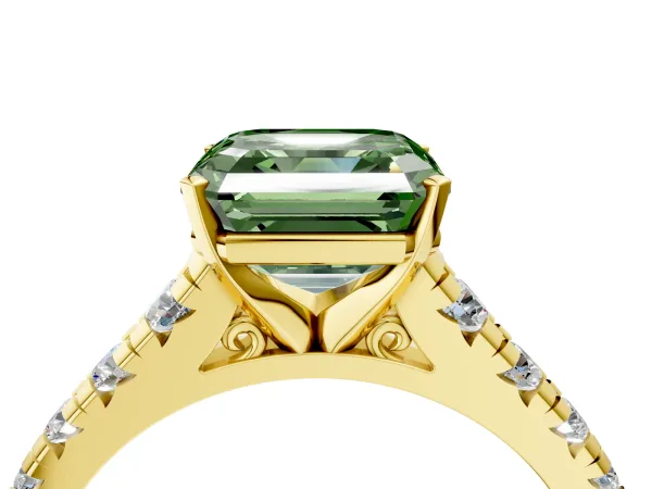 Fancy Green Asscher Cut Diamond Cathedral Solitaire Ring with Round Pavé Band Yellow gold