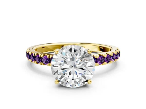 Round Cut Diamond Pave Band Solitaire Ring with Round Amethyst and Prong Setting Yellow gold