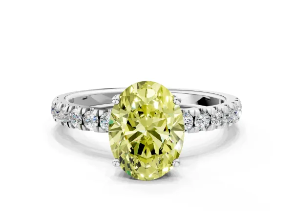 Fancy Yellow Oval Cut Diamond Pave Band Solitaire Ring with Round and Prong Setting Platinum
