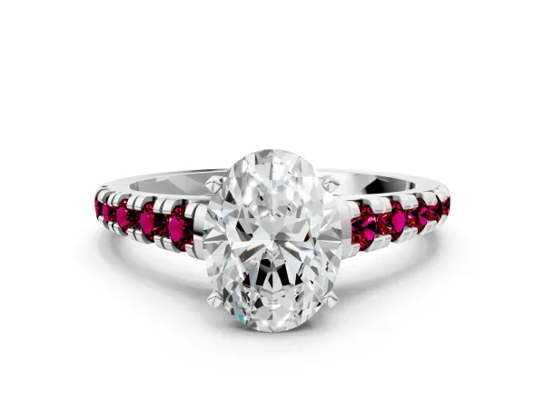 Oval Cut Diamond Cathedral Solitaire Ring with Round Garnet Pavé Band White gold