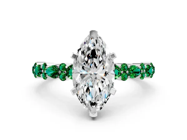 Marquise Cut Diamond Side Stone Solitaire Ring with Round Emerald and Four-Prong Setting Platinum