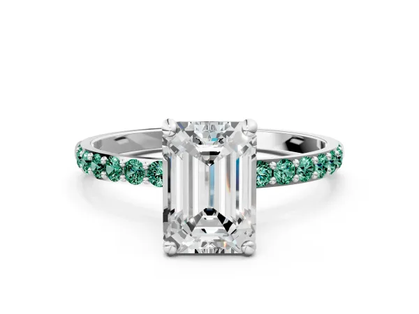 Emerald Cut Diamond Solitaire Ring with Round Green Sapphire Pavé Band and Prong Setting Platinum