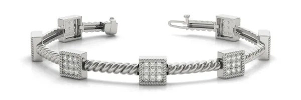 Square Pave Diamond Rope Bracelet with Box Clasp White gold