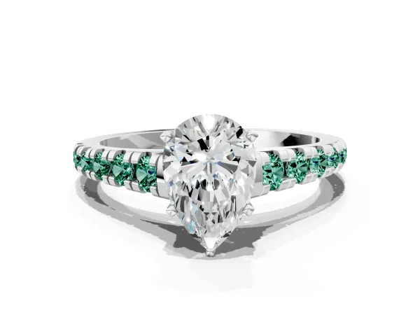 Pear Cut Diamond Cathedral Solitaire Ring with Round Green Sapphire Pavé Band White gold