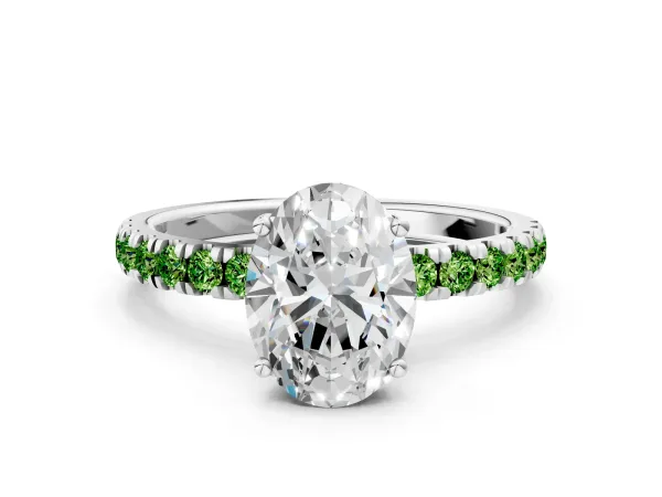 Oval Cut Diamond Pave Band Solitaire Ring with Round Peridot and Prong Setting Platinum