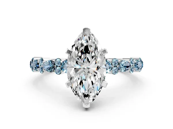 Marquise Cut Diamond Side Stone Solitaire Ring with Round Aquamarine and Four-Prong Setting Platinum