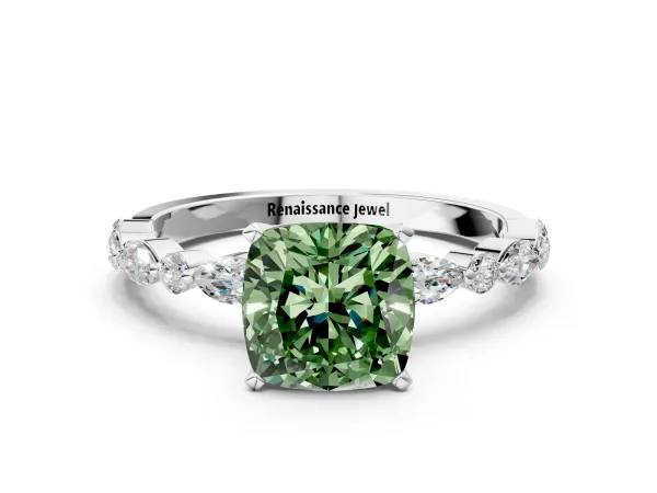 Fancy Green Cushion Cut Diamond Ring with Marquise and Round Side Stones and Four-Prong Setting Platinum