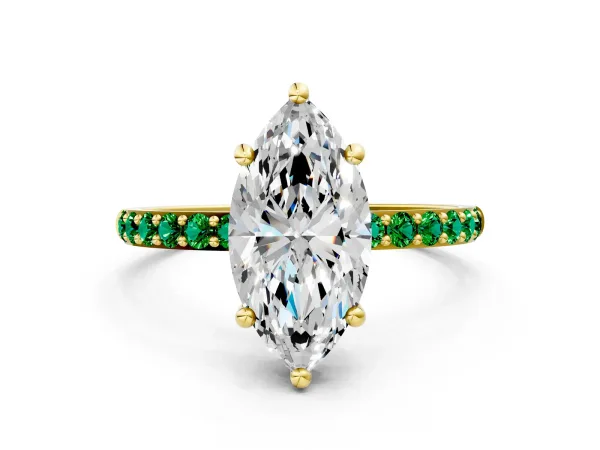 Marquise Cut Diamond Solitaire Ring with Round Emerald Pavé Band and Prong Setting Yellow gold
