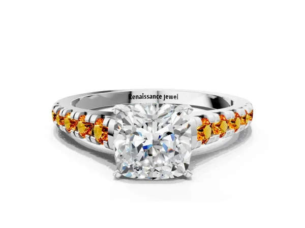 Cushion Cut Diamond Cathedral Solitaire Ring with Round Citrine Pavé Band Platinum