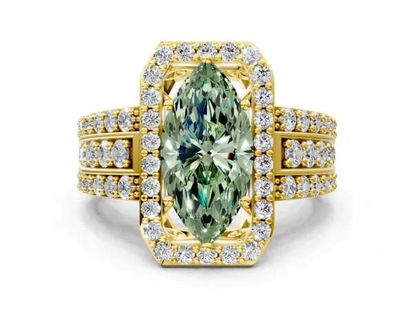 Fancy Green Marquise Cut Halo Diamond Ring with Round Split Shank and Prong Setting Yellow gold