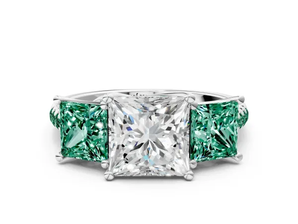 Three-Stone Princess Cut Diamond Ring with Round Green Sapphire Pavé Band and Prong Setting White gold
