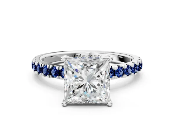 Princess Cut Diamond Pave Band Solitaire Ring with Round Blue Sapphire and Prong Setting Platinum