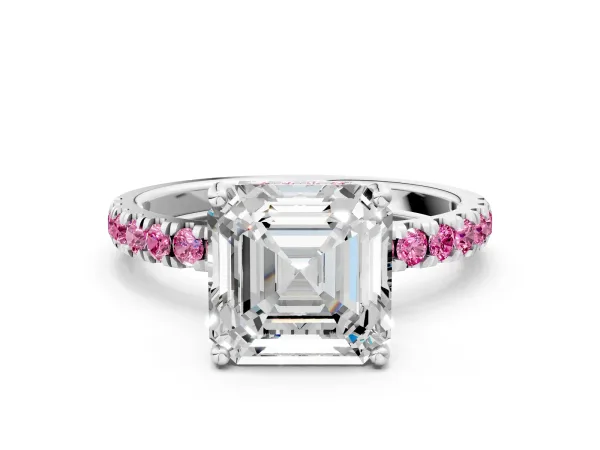 Asscher Cut Diamond Pave Band Solitaire Ring with Round Pink Sapphire and Prong Setting Platinum