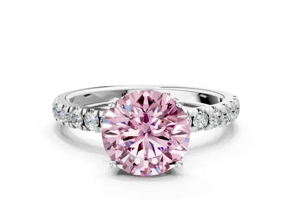 Fancy Pink Round Cut Diamond Pave Band Solitaire Ring with Round and Prong Setting Platinum