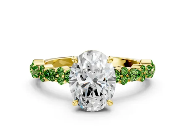 Oval Cut Diamond Side Stone Solitaire Ring with Round Peridot and Four-Prong Setting Yellow gold