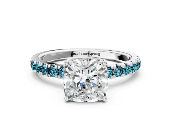 Cushion Cut Diamond Pave Band Solitaire Ring with Round Blue Topaz and Prong Setting Platinum