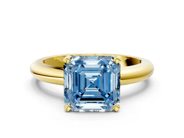 Fancy Blue Asscher Cut Diamond Solitaire Engagement Ring with Round Band and Four-Prong Setting Yellow gold