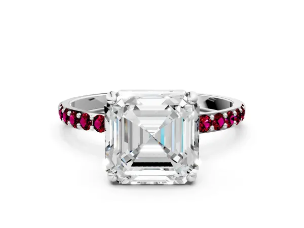 Asscher Cut Diamond Solitaire Ring with Round Garnet Pavé Band and Prong Setting Silver