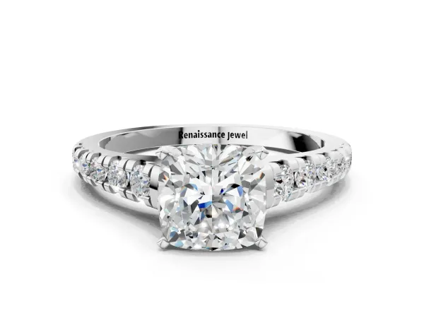 Cushion Cut Diamond Cathedral Solitaire Ring with Round Moissanite Pavé Band White gold
