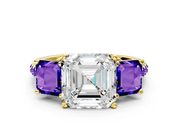 Three-Stone Asscher Cut Diamond Ring with Round Tanzanite Pavé Band and Prong Setting Yellow gold