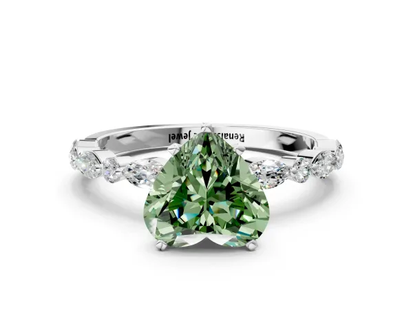 Fancy Green Heart Cut Diamond Ring with Marquise and Round Side Stones and Four-Prong Setting Platinum