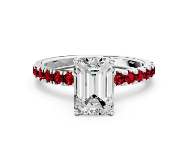 Emerald Cut Diamond Pave Band Solitaire Ring with Round Ruby and Prong Setting Platinum