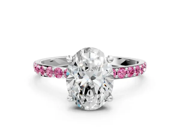 Oval Cut Diamond Solitaire Ring with Round Pink Sapphire Pavé Band and Prong Setting Platinum