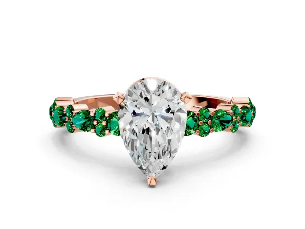 Pear Cut Diamond Side Stone Solitaire Ring with Round Emerald and Four-Prong Setting Rose gold