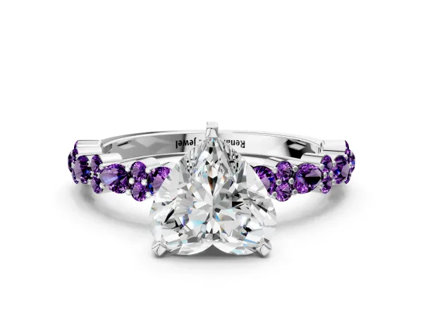 Heart Cut Diamond Side Stone Solitaire Ring with Round Amethyst and Four-Prong Setting Platinum