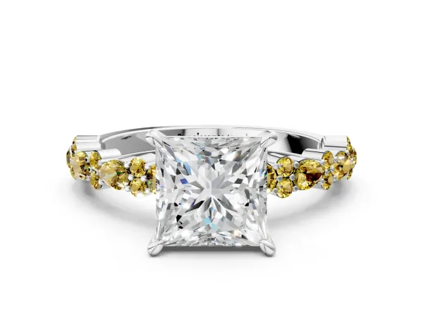 Princess Cut Diamond Side Stone Solitaire Ring with Round Yellow Sapphire and Four-Prong Setting Platinum