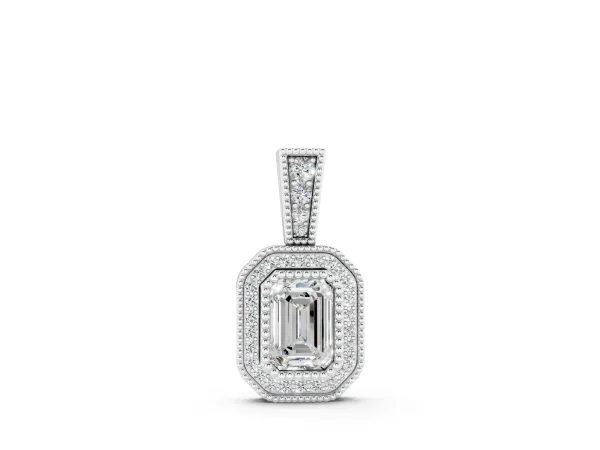 Emerald Cut Halo Diamond Pendant with Pavé Setting White gold