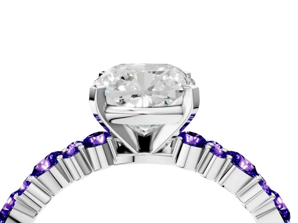 Cushion Cut Diamond Side Stone Solitaire Ring with Round Tanzanite and Four-Prong Setting Platinum