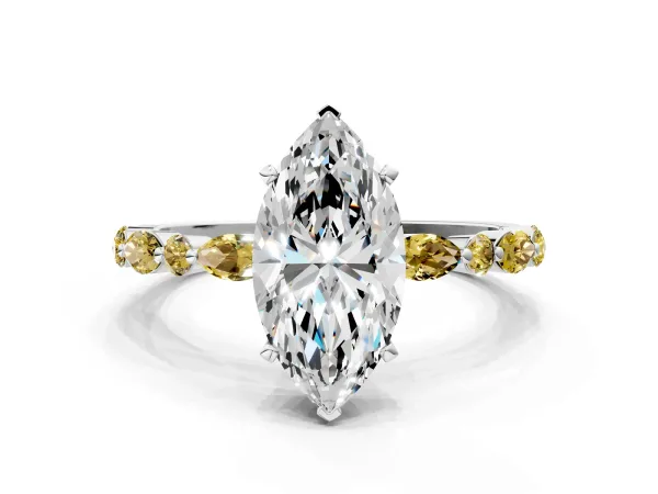 Marquise Cut Diamond Ring with Marquise and Round Yellow Sapphire Side Stones and Four-Prong Setting White gold
