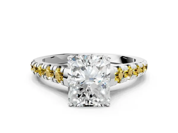 Radiant Cut Diamond Cathedral Solitaire Ring with Round Yellow Sapphire Pavé Band Platinum